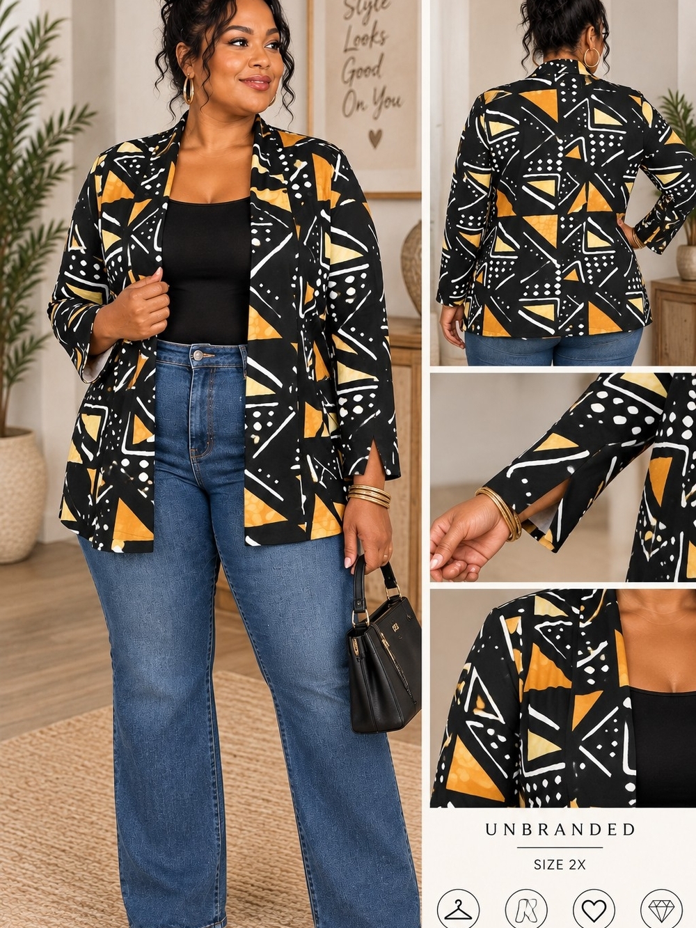 Unbranded Women's Plus Geo-Print Open Front Jacket in Black & Mustard